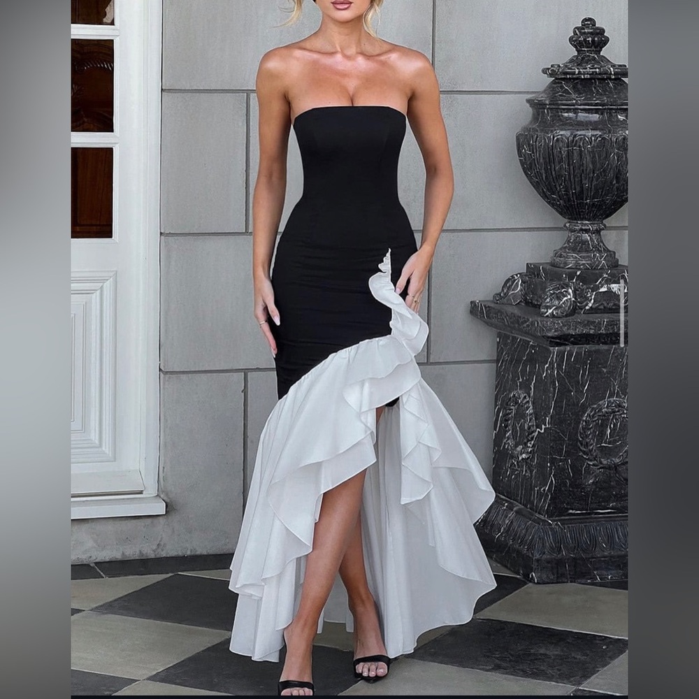 Black and White Asymmetrical Ruffled Strapless Dress